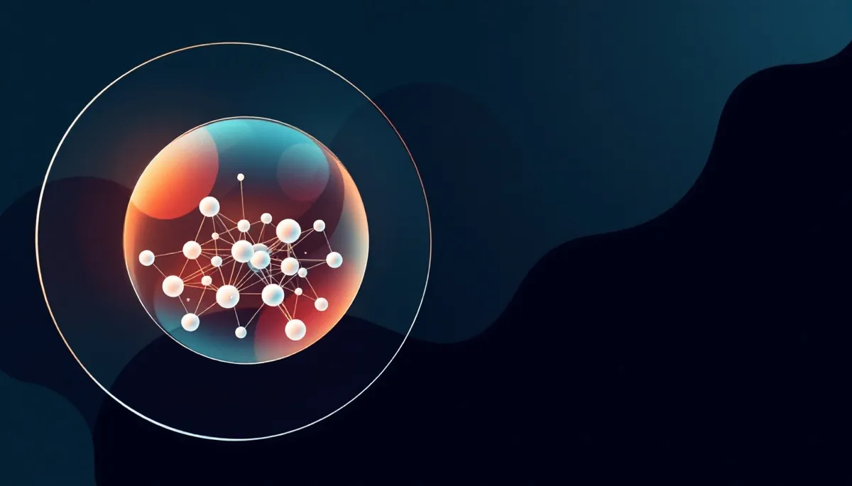 Illustration abstraite d'un cercle délimitant un réseau de nœuds connectés, symbolisant un périmètre d'application, sur fond bleu nuit