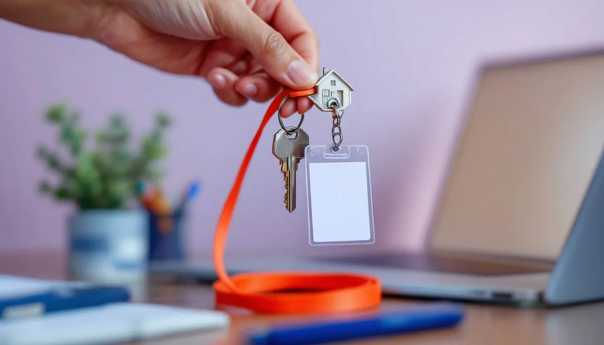 Photo d'une main tenant un trousseau avec une clé, un porte-clés en forme de maison et un badge de bureau vierge au cordon corail, devant un ordinateur portable, sur fond lavande