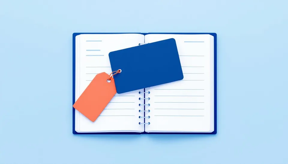 Illustration d'une carte de paiement bleue et d'une étiquette de prix vierge corail posées sur un registre ouvert, sur fond bleu clair