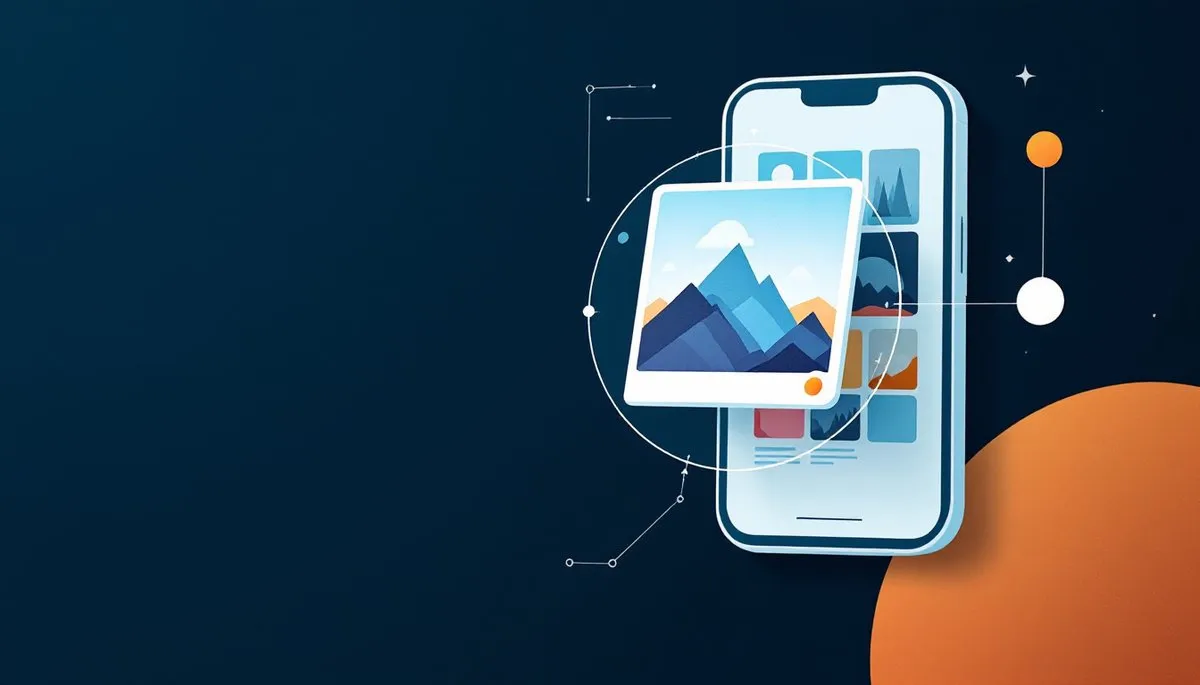 Illustration abstraite d'un smartphone et d'une photo de montagnes entourée d'un cercle de sélection, reliée à une grille de vignettes, sur fond bleu nuit